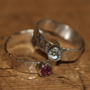 Silver hammered ring set with Pink Tourmaline or Aquamarine gemstone