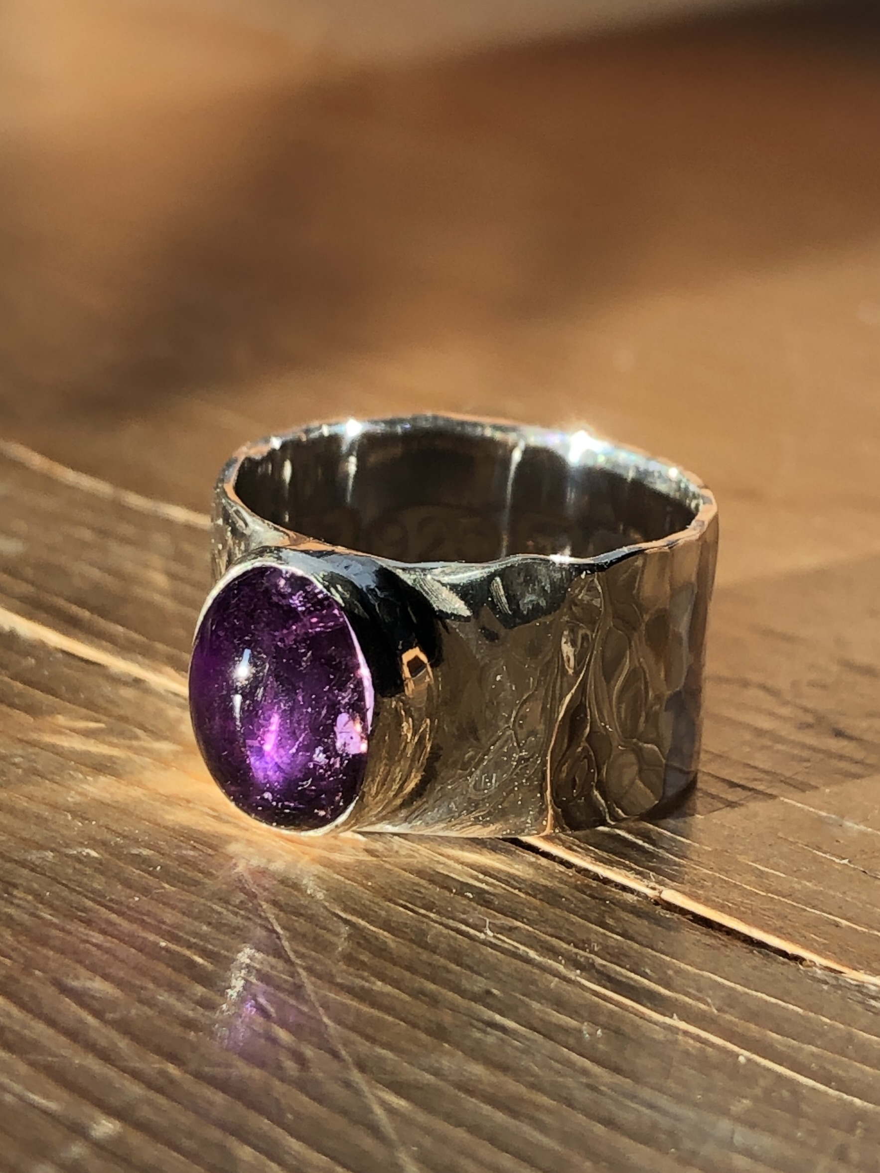 Amethyst Cabochon set in a lovely 925 Silver Hammered Ring